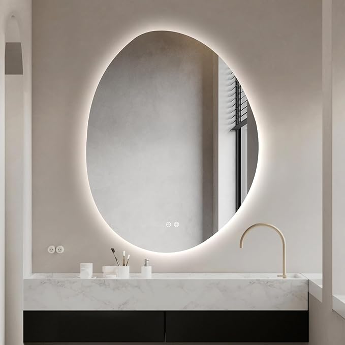 Niccy Irregular LED Bathroom Mirror, 28"x36" Asymmetrical Backlit Vanity Wall Mirrors, Frameless Lighted Mirrors for Bedroom, Living Room, Modern Smart-Mirror with Anti-Fog, Dimmable, Memory Function