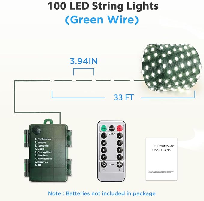 33ft Battery Operated String Lights (2 Pack), 100 LED Fairy String Lights Battery Powered w/Remote & Timer for Indoor Outdoor Christmas Trees Wreath Decoration Bedroom Patio - Cool White