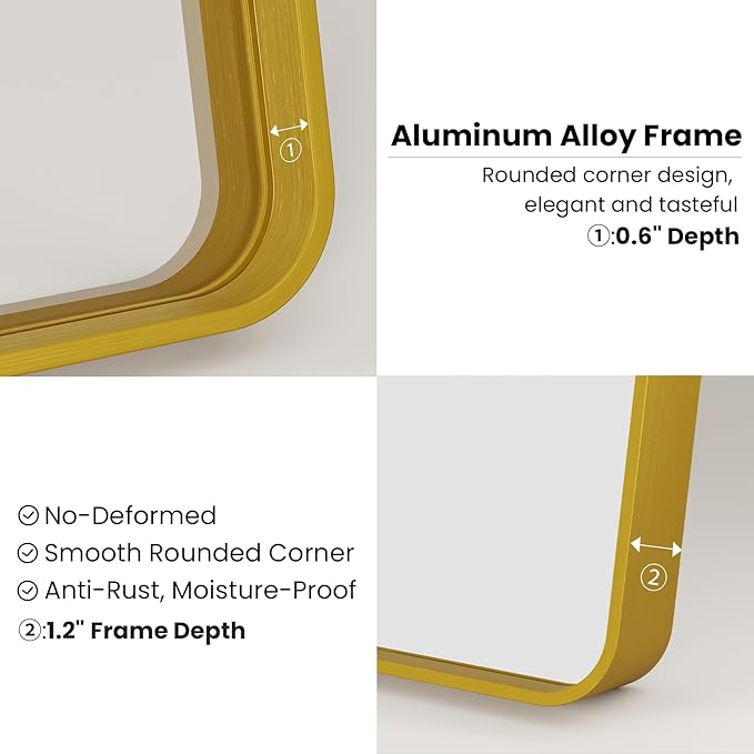 Gold Bathroom Mirror, 20x30 Inch Brushed Gold Metal Frame Mirror for Wall, Rounded Rectangle Bathroom Vanity Mirror, Tempered Glass, Anti-Rust, Horizontal/Vertical