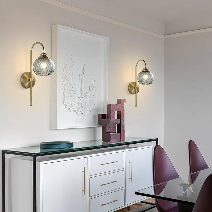 KCO Lighting Brushed Gold Wall Sconce Set of Two Vintage Smoked Glass Wall Lights Mid Century Bathroom Light Sconces Set of 2 Modern Globe Wall Sconce Long Arc Wall Light