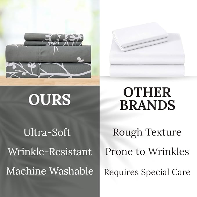 Spirit Linen home Queen Size Bed Sheets - Pure Microfiber 4 Piece Polyester Bed Sheets with Deep Pockets, 90 Thread Count, Fitted Sheet & Pillow Cases, Grey/White