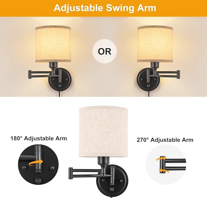 ENCOMLI Dimmable Plug in Wall Sconces, Swing Arm Wall Lamp, Wall Sconces Set of Two, Plug in Wall Light, Sconces Wall Decor Set of 2, Linen Fabric Shade, 2pcs Bulbs Included