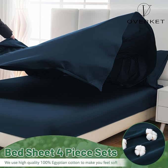 1000 Thread Count Egyptian Cotton Sheets Queen Size Set 4PCS Sateen Weave Soft Breathable 16-Inch Deep Pocket(Queen,Navy)