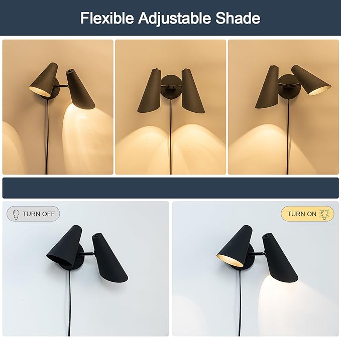 2-Light Plug in Wall Sconce, Matte Black Modern Vanity Light Wall Lamp with Rotatable Lampshade Picture Light for Bedroom Living Room Bathroom Foyer
