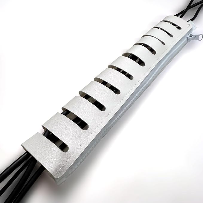 Under Desk Cable Organizer 2-Pack – PU Leather, Zipper Closure with 10 Cable Slots, Tool-Free Mount, Connectable Design for Home and Office Wire Management (White)