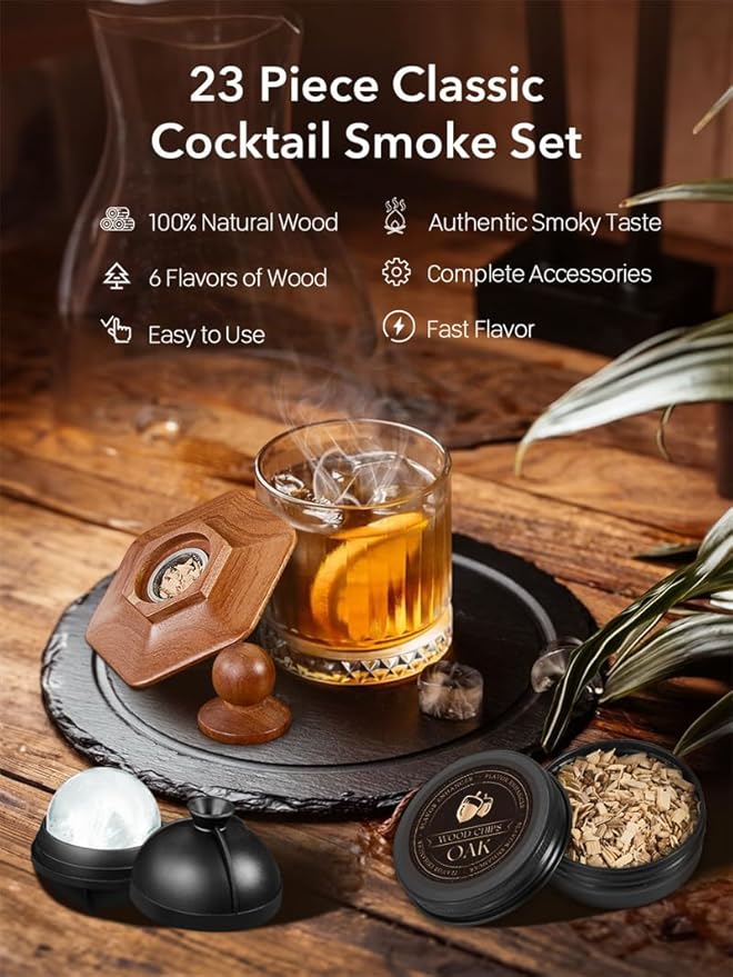 23Pcs Whiskey Smoker Kit with Torch-12 Wood Chips, Ice Ball Mold, Cocktail Smoker Infuser Kit, Old Fashioned Drink Smoker Kit, Birthday Bourbon Whiskey Gifts for Men,Husband,Dad,Him