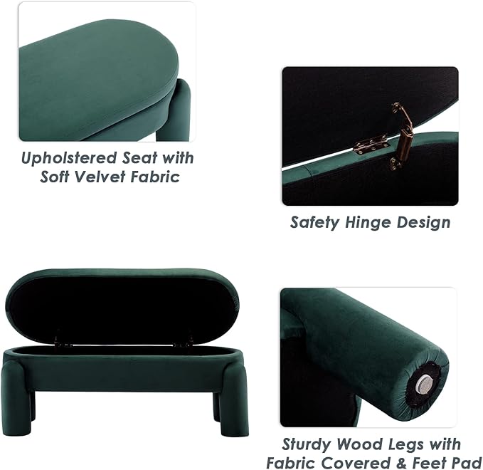 DUOMAY Velvet Storage Ottoman Bench, Upholstered Fabric Storage Bench End of Bed Stool for Bedroom Living Room Entryway, 44.75" Width, Green