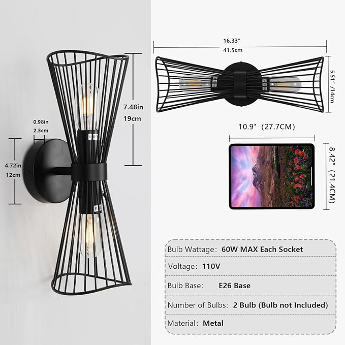 Black 2-Light Vanity Wall Sconce Farmhouse Light Fixtures Over Mirror,Modern Up and Down Sconces Wall Light Hardwired Wall Lamp for Hallway Bedroom Kitchen Bathroom