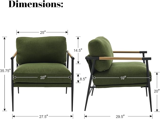 DUOMAY Mid-Century Modern Accent Chairs Armchairs Set of 2, Soft Linen Fabric Sofa Lounge Chairs Reading Chairs with Metal Leg for Living Room Bedroom Office, Green