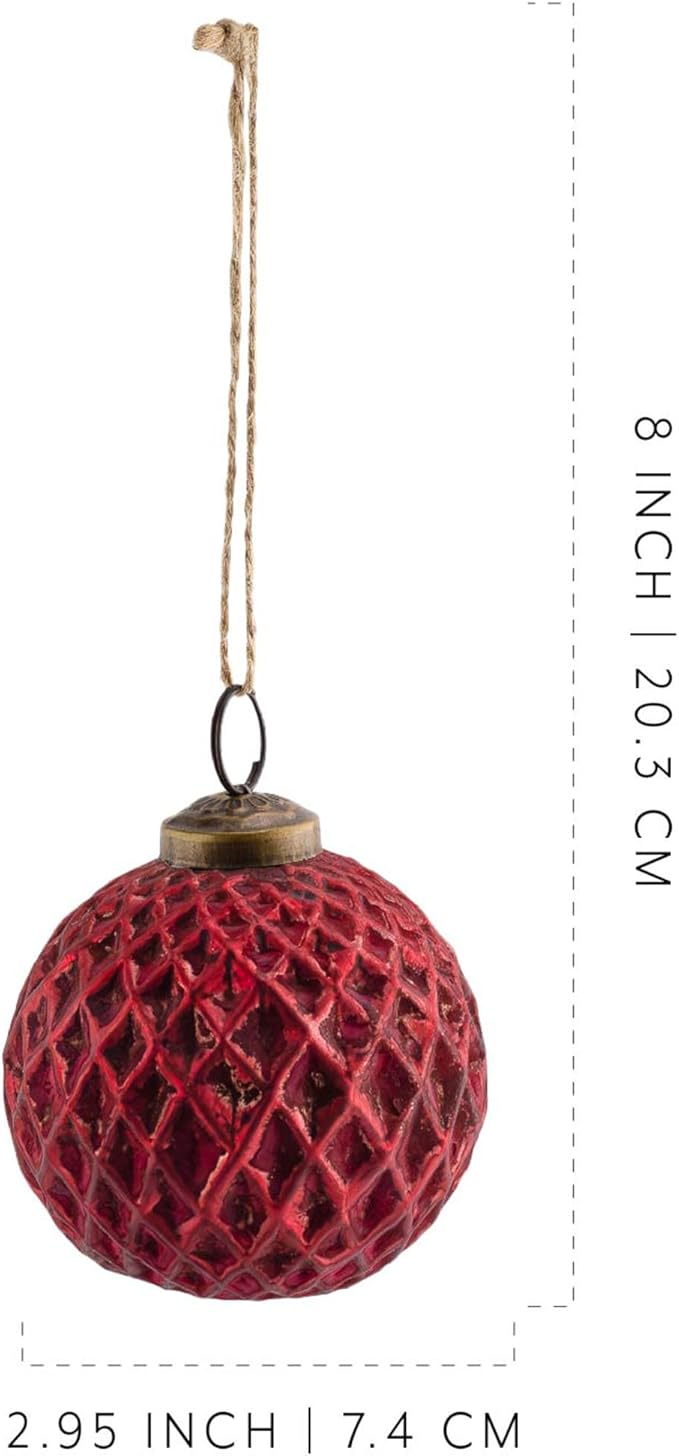 AuldHome Design Farmhouse Ball Ornaments (Set of 6, Red); Distressed Metal Glass Ball Vintage Style Christmas Decorations