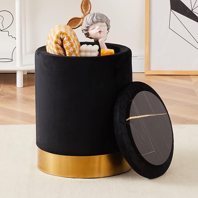Mxfurhawa Velvet Storage Ottoman Multipurpose Footrest Stool with Metal Base Modern Round Vanity Stool Chair Ottoman Foot Stools Support 300 lbs Padded Seat for Living Room (Black (Velvet))