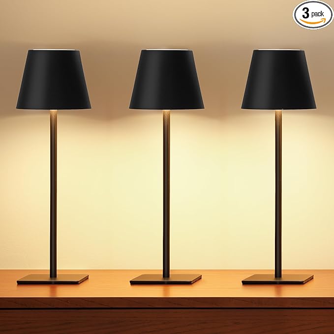 UME 3 Pack Cordless Table Lamp, Battery Operated Lamp - Portable Waterproof Rechargeable Table Lamp w/ 3 Color Temps & Stepless Dimming for Dinner, Desk, Cafe, Outdoor (Black)