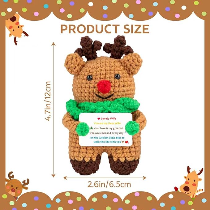 Mini Cute Deer Gifts for Wife Handmade Crochet Reindeer Present Wedding Anniversary Thanksgiving Christmas Birthday Gift for Her Woman from Husband Office Home Emotional Decor Doll