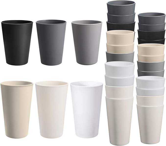 24 Pcs Unbreakable Plastic Cups Set, 12 Pcs 14 oz and 12 Pcs 20 oz Reusable Plastic Cups, Stackable Water Tumblers, Drinking Cup for Kitchen, BPA-free, Dishwasher and Microwave Safe, 6 Colors