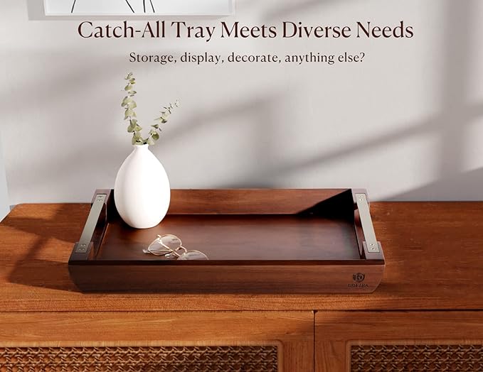 Acacia Wood Serving Tray with Metal Handles, 17x13in Food Drinks Tray for Coffee Table, Breakfast, Dinner & Bar, Rustic Decorative Storage Tray for Ottoman, Kitchen, Bedroom Gift Packaging