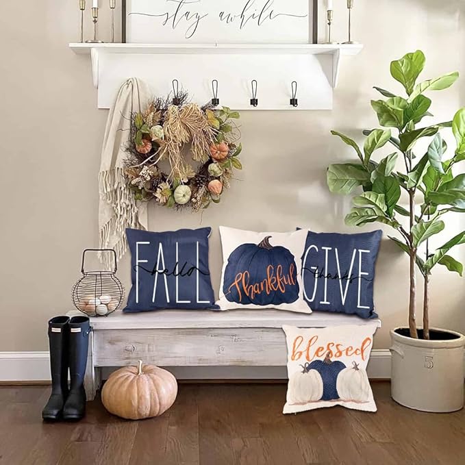 Fall Pillow Covers 20 x 20 Inch Blue Pumpkins Throw Pillow Covers for Farmhouse Autumn Cushion Covers Thanksgiving Pillow Case for Indoor Home Bedroom Sofa Decor