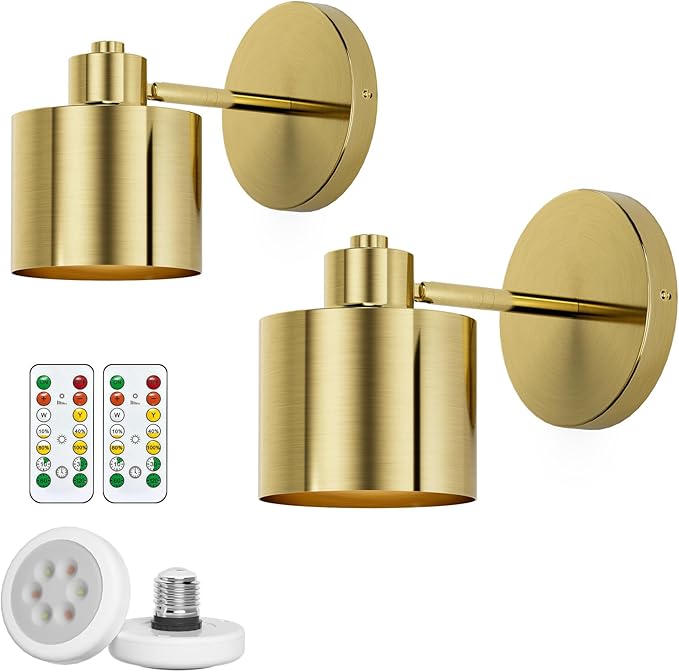 Tipace Gold LED Wall Mounted Lights 2 Pcs with Remote,Wall Sconces Lamp Battery Operated,3 Color Temperatures & Dimmable 360° Rotation Cordless Light for Bedroom Bedside Farmhouse Gallery