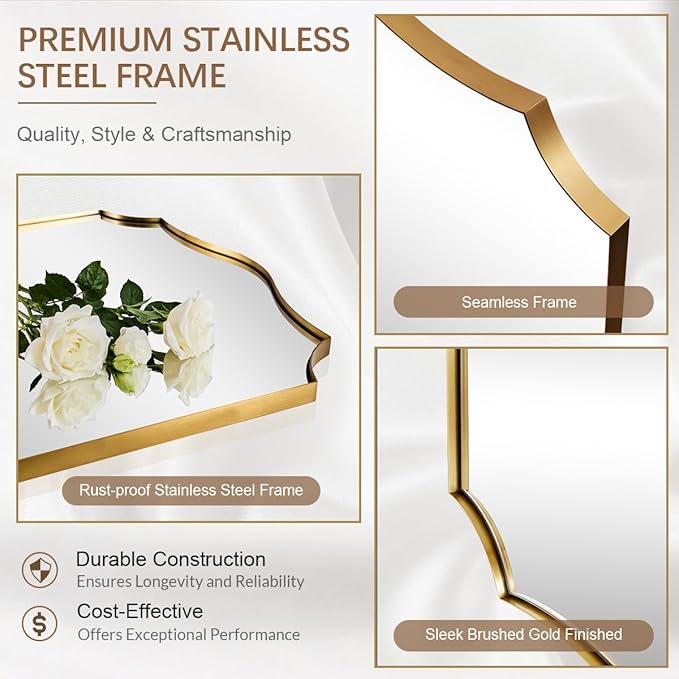ANDY STAR Bathroom Mirror, 28x36 Inch Brushed Gold Vanity Mirror, Stainless Steel Metal Frame with Sophisticated Curved Design, Anti-Rust, Ideal for Bathroom, Living Room, Bedroom