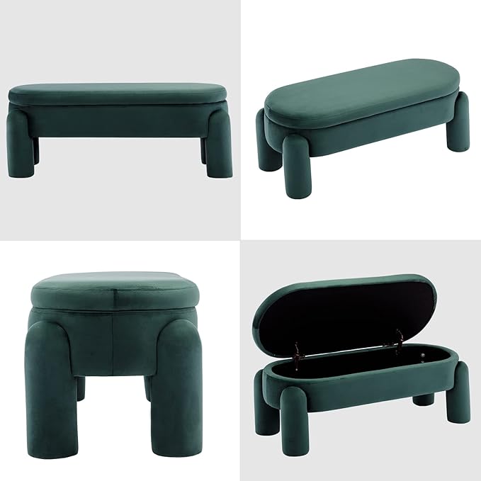 DUOMAY Velvet Storage Ottoman Bench, Upholstered Fabric Storage Bench End of Bed Stool for Bedroom Living Room Entryway, 44.75" Width, Green