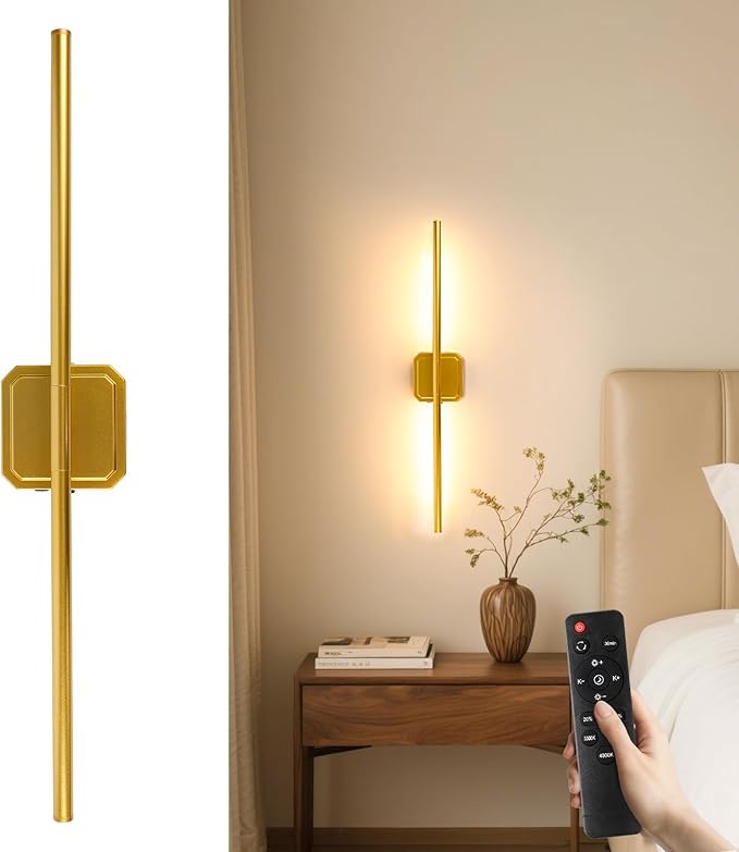 1 Pack Battery Operated Wall Sconce Detachable 360°Rotate, Wireless Wall Lamp 3000-6500K Dimmable, 10000mAh Rechargeable Wall Light for Bedroom, Living Room,28" Gold