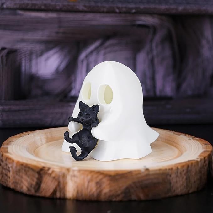 1 Pcs Halloween Ghost Figurine Cute Desktop Ornament Cute Cartoon Little Ghost Hugging Kitten Designs 3D Printing Spooky Halloween Statue for Home Offince Art Display Decor Suppies