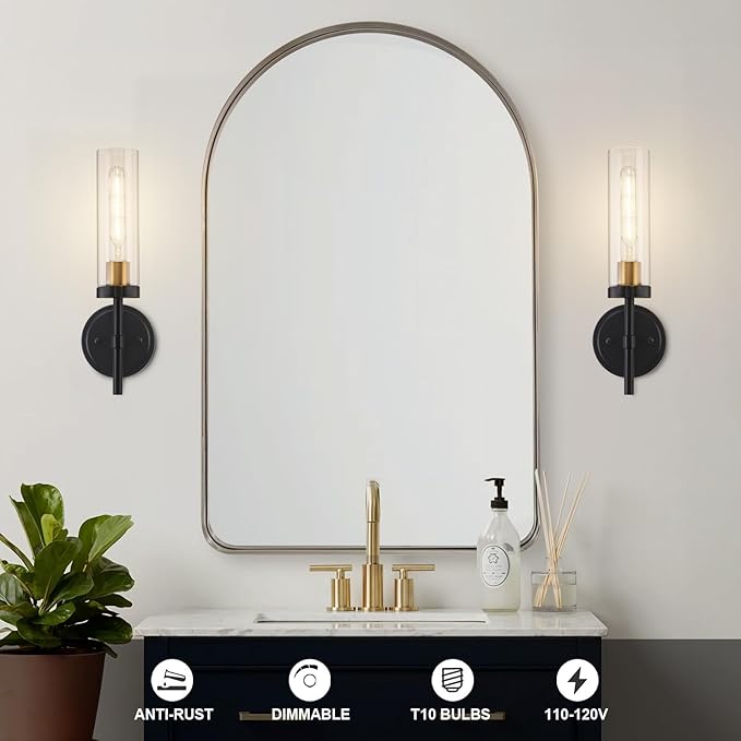 Black and Gold Hardwired Wall Sconces Set of 2, Modern Bathroom Vanity Sconces Wall Lighting with Clear Glass Shade, Farmhouse Wall Mount Lights for Mirror Bedroom Living Room Hallway Kitchen