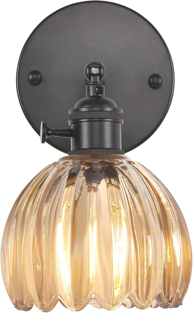 Vintage Wall Sconce with Cute Amber Tulip Glass Lampshade 180 Degree Adjustable Black Sconce Hradwired Modern Wall Lighting Fixture with Switch for Bedside Bedroom Doorway