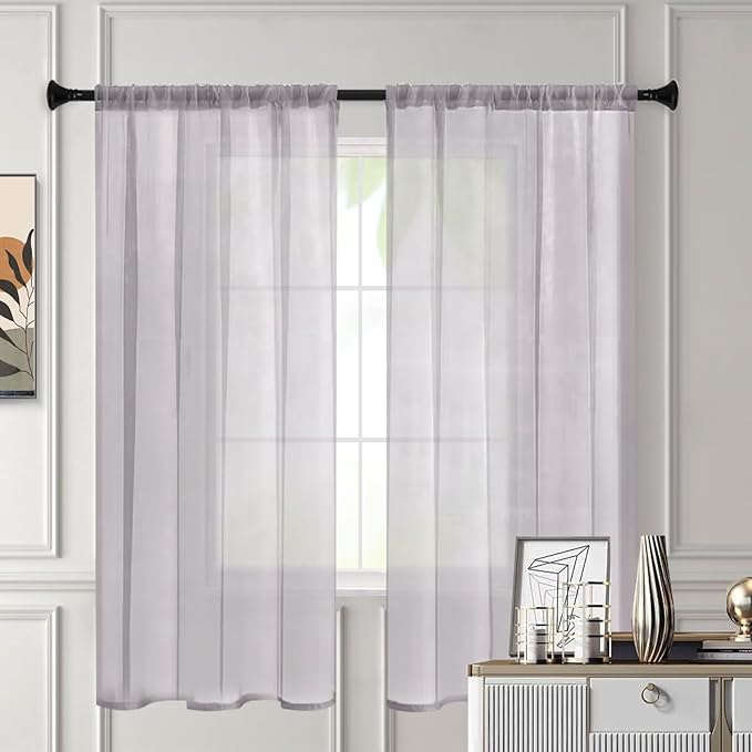 Sheer Curtains 45 Inches Long 2 Panels, Rod Pocket Short Curtain for Kitchen, Bedroom, Cafe Window(Light Grey 38" W x 45" L)