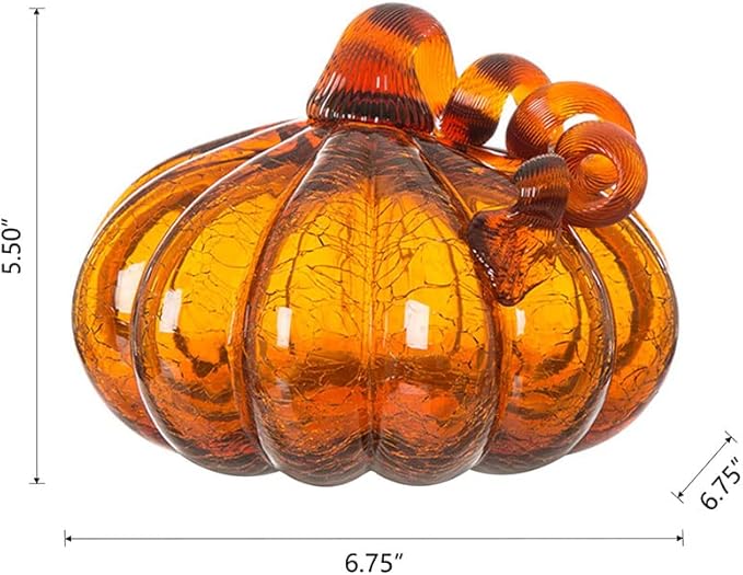 Glitzhome 5.51" H Amber Hand Blown Crackle Glass Pumpkin for Fall Harvest Thanksgiving Halloween Decoration