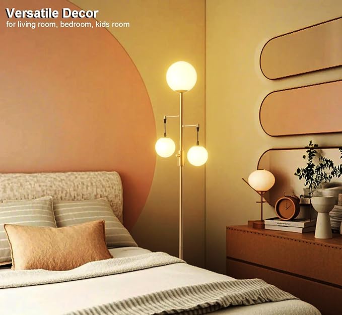 Fiqevs Dimmable Globe Floor Lamp for Living Room, Gold Tree Floor Lamp with Frosted Glass Globe Shade, 3 Light Standing Lamp LED Bulbs Included, Elegant Tall Lamp for Bedroom, Office