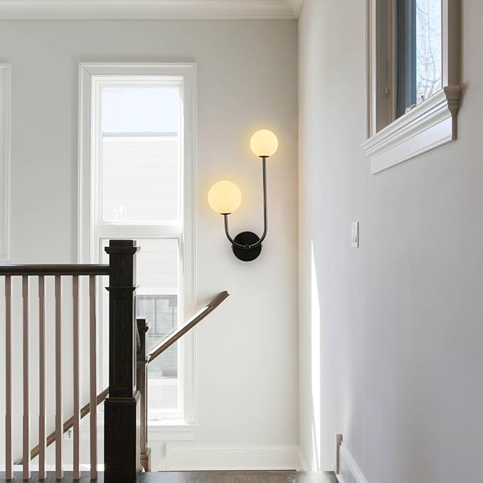 Milk Glass Wall Sconce Black Wall Sconces Set of Two Mid Century Modern Sconces Wall Lighting 2 Light Globe Sconce for Bedroom Living Room Hallway Wall Light Fixtures
