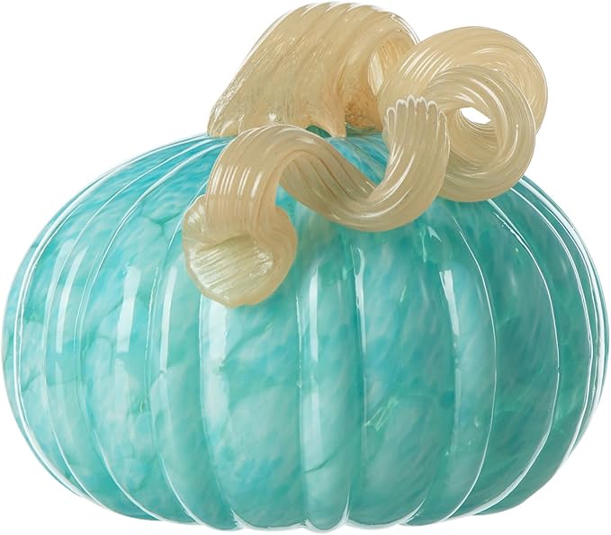 Glitzhome 6" D Round Turquoise Glass Pumpkin,Thanksgiving Glass Pumpkin Fall Pumpkin Glass Blown Pumpkin Table Decor Harvest Glass Pumpkin Figurine Glass Crafts for Fall Thanksgiving Halloween Decor