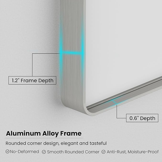 Brushed Nickel Bathroom Mirror 48x40 Inch, Brushed Silver Metal Frame Mirror Wall Mounted, Rounded Rectangle Bathroom Vanity Mirror, Tempered Glass, Anti-Rust, Horizontal/Vertical
