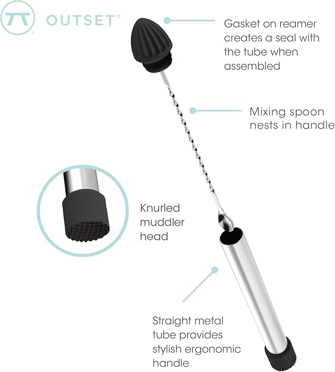 Outset Professional Cocktail Muddler, 3 in 1 Muddler, Stirrer, Juicer