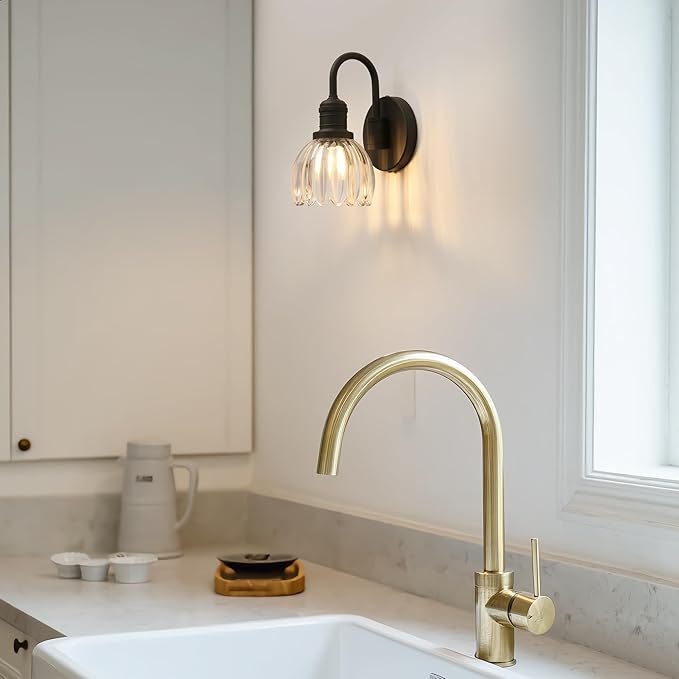 Yosoan Boho Brass Vintage Bathroom Wall Sconce with Flower Shade, 1-Light Indoor Vanity Industrial Modern Hardwired Wall Mounted with Transparent Tulip Shade for Living Room Bedroom Kitchen(Black)