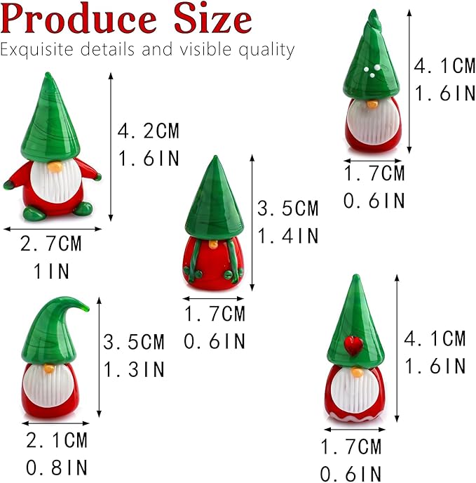 H&D HYALINE & DORA Gnomes Christmas Decorations Ornaments 5Pcs Mini Blown Glass Gnomes Figurines Handmade Glass Xmas Figurines for Tree, Santa and Gnome Party Supplies