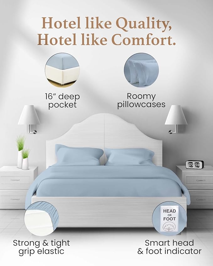 Good Sleep Bedding King Sheets Sets - 4 Pc, 100% Egyptian Cotton King Size Sheets Set, 1000 TC Luxury King Sheets Deep Pocket 16 Inch, Soft Hotel Style Sheets King Size with Pillowcases - Light Blue
