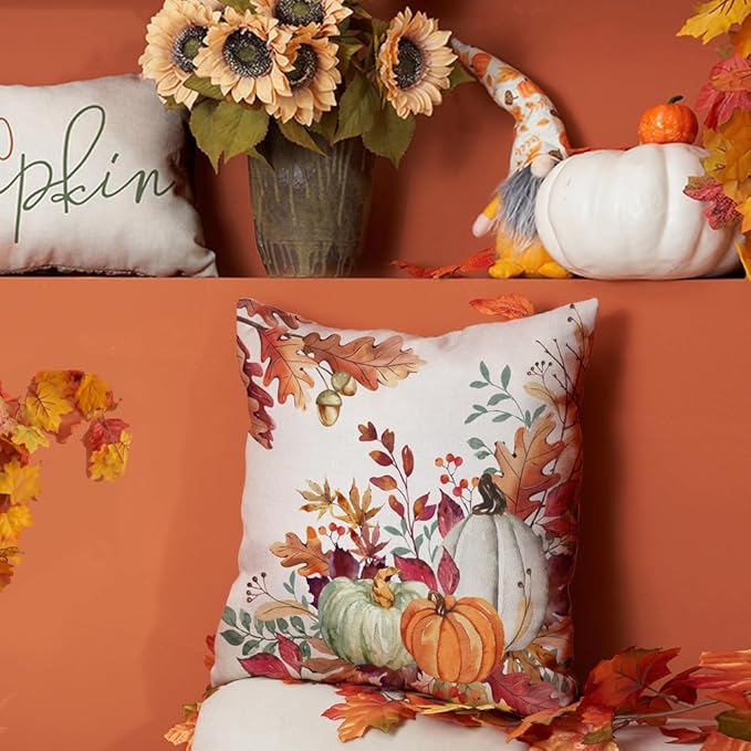 DFXSZ Fall Pillow Covers 16x16 inch Set of 2 Orange White Pumpkin Fallen Leaves Decorative Outdoor Throw Pillow Covers Autumn Thanksgiving Farmhouse Decoration for Home Couch TH27-A16