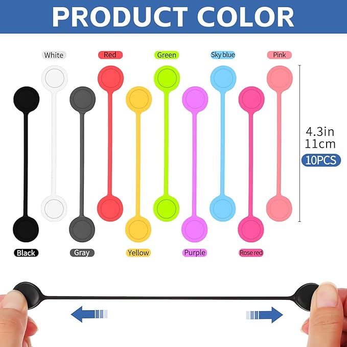 10 Pcs Reusable Magnetic Cord Organizers, Silicone Magnetic Cable Ties with Strong Magnets for Cable Bundling & Holding Bookmarks - Cord Ties for Electronics - Suitable for Office, Home, School