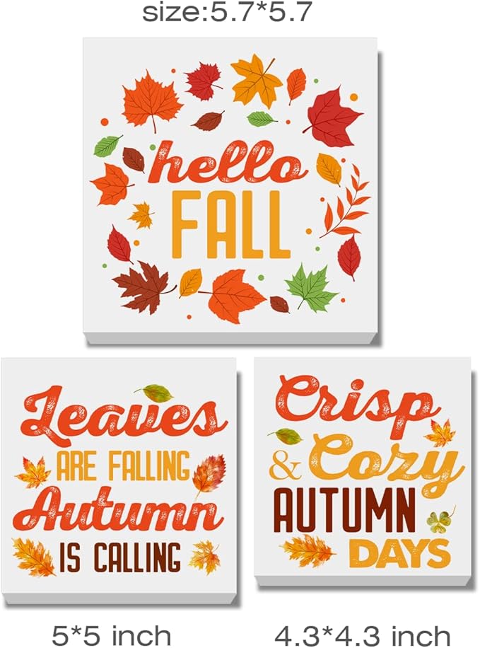 3 Pcs Fall Tiered Tray Decor Hello Fall Sign Home Decorations Autumn Theme 3 Pcs Wood Decorative Signs for Table Desk Shelf Wall