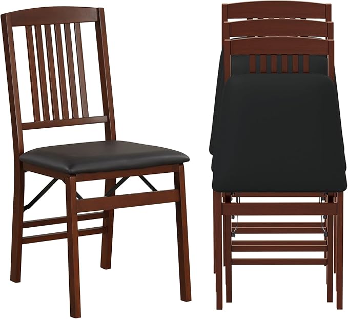 COSTWAY Folding Dining Chairs Set of 4, Wooden Kitchen Side Chairs w/Padded Seat, Solid Wood Frame, 400 LBS Load Bearing, No Assembly Needed, Vintage Foldable Chairs for Dining Room, Living Room