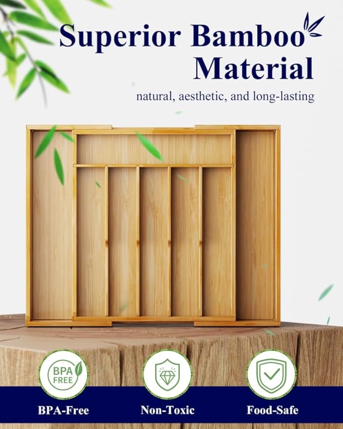 Kitsure Large Thickened Silverware Organizer - Expandable Bamboo Kitchen Drawer Organizer for Cooking Utensils and Cutlery, Sturdy Kitchen Organizers and Storage Solution, 18.5"×13.3"×1.8"