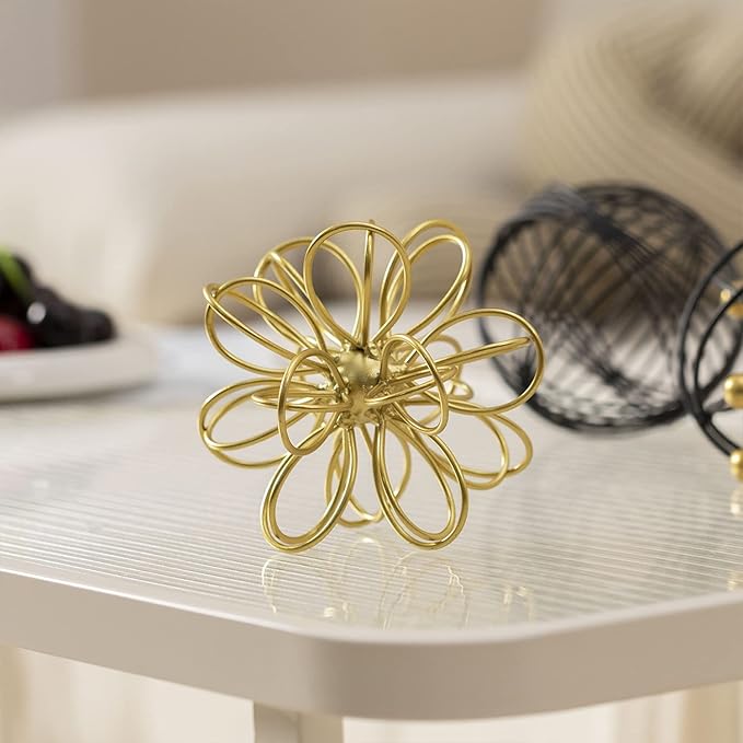 5.5" Metal Geometric Table Top Decor, Gold Abstract Floral Sculpture, Modern Metal Geometric Decorative Sphere, Table Art Decorations Orb for Living Room Bedroom Office Home Decor