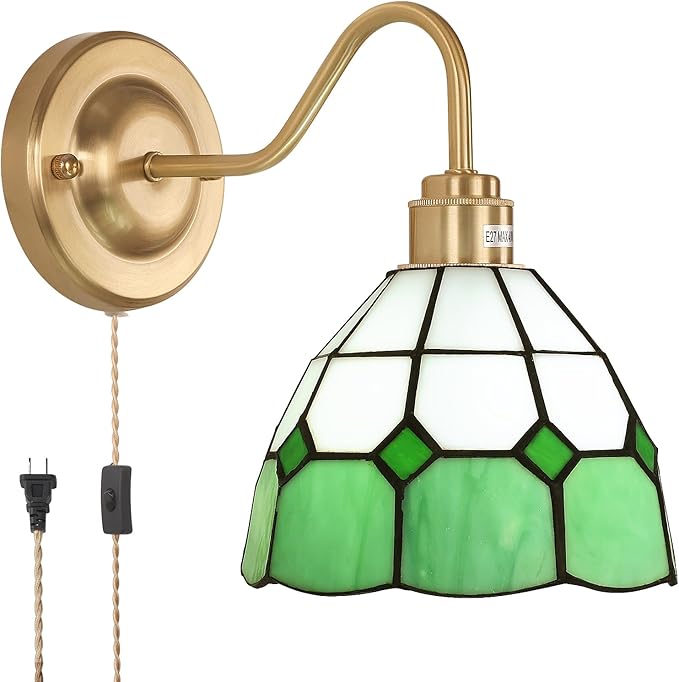 Vintage Wall Sconce, Wall Lamps with Green White Checker Sconce, Stained Glass Shade Brass Wall Lights Fixture with Plug in Cord and Switch for Bedroom Bathroom Living Room Hallway