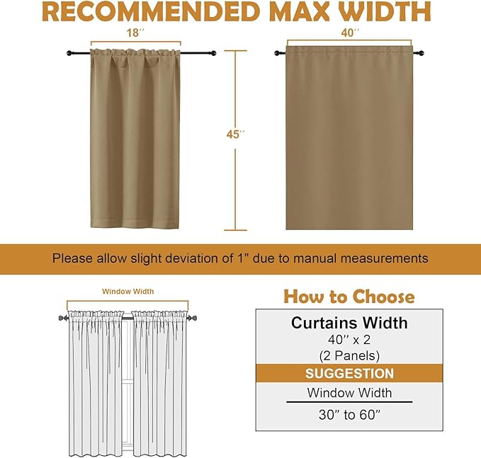 Aiyufeng Taupe Short Blackout Curtains for Bedroom 45 Inches Long 2 Panels Set, Solid Thermal Insulated, Energy Saving Window Treatment Curtains Blackout Drapes, W40 x L45 Inch, Taupe