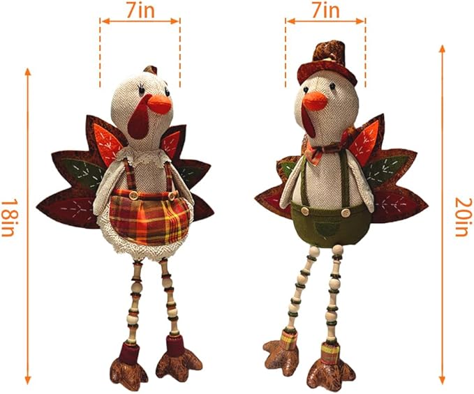 Thanksgiving Tabletop Decoration Stuffed Turkey, 12"*17" Turkey Shelf Sitting,Animals Figurines, Couple Doll Handmade Ornaments Fall Decor for Mantel Fireplace (1SET 2PCS)