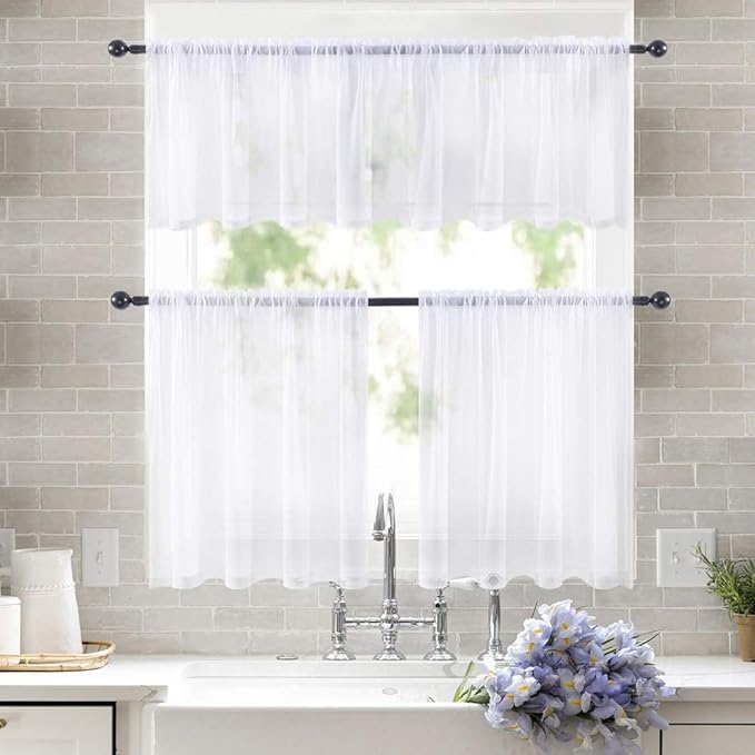 MIULEE 2 Panels Kitchen Tiers Half Window Sheer Curtains Rod Pocket Voile Drapes for Kitchen Bathroom Small Windows 29 by 24 Inch White