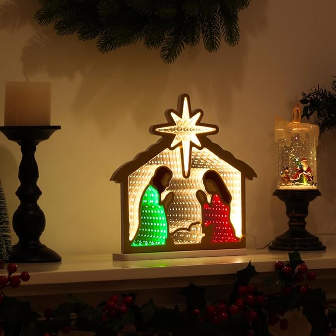 MEETYAMOR Nativity Sets for Christmas Indoor, Nativity Scene Infinity Mirror Tunnel Light, Nativity Scene with Manger for Home Living Room Mantel Table Centerpiece Christmas Decorations