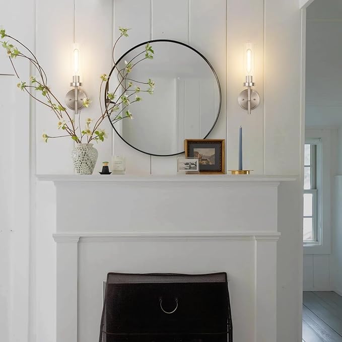 Brushed Nickel Hardwired Wall Sconces Set of 2, Modern Bathroom Sconces Vanity Light Fixture, Farmhouse Wall Mount Lamps for Mirror Living Room Bedroom Hallway
