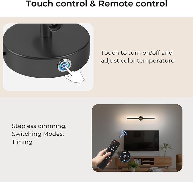 Battery Operated Wall Sconces Set of 2, Detachable Wireless Wall Lamps 360°Rotate, 10000mAh Rechargeable Wall Lights for Bedroom, Living Room,3000-6500K Dimmable, 28 Inch Black and Gold